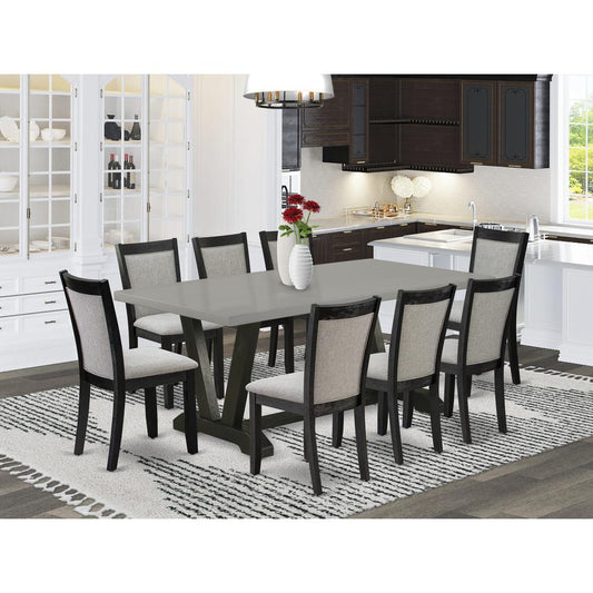 East West Furniture 9 Piece Modern Dining Set - A Cement Top Wooden Table with Trestle Base and 8 Shitake Linen Fabric Kitchen Chairs - Wire Brushed Black Finish