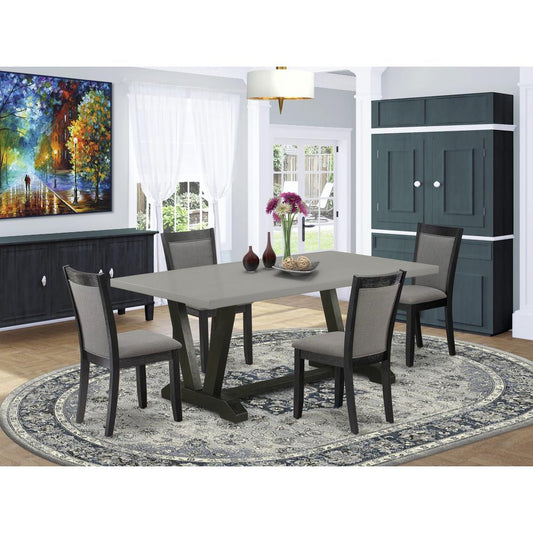 East West Furniture 5 Piece Table Set - A Cement Top Modern Dining Table with Trestle Base and 4 Dark Gotham Grey Linen Fabric Upholstered Dining Chairs - Wire Brushed Black Finish