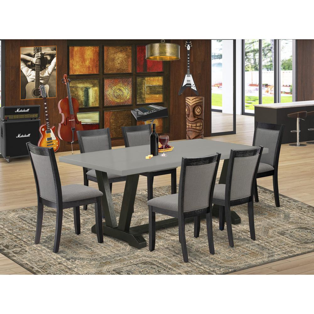 East West Furniture 7 Piece Modern Dining Set - Cement Top Modern Kitchen Table with Trestle Base and 6 Dark Gotham Grey Linen Fabric Dining Chairs - Wire Brushed Black Finish