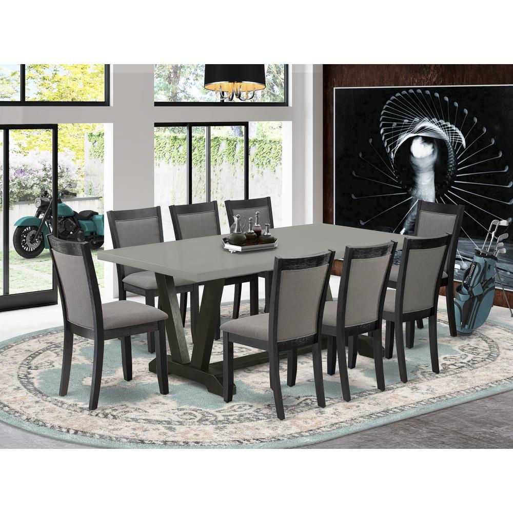 East West Furniture 9 Piece Dining Room Set - Cement Top Wood Dining Table with Trestle Base and 8 Dark Gotham Grey Linen Fabric Parson Chairs - Wire Brushed Black Finish