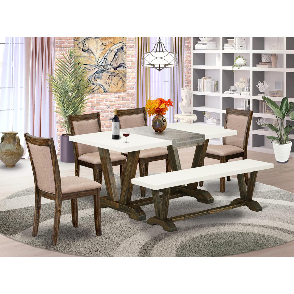 V726MZ716-6 6 Piece Dining Set- A Dinning Table in Trestle Base with Wood Bench and 4 Dining Chairs - Distressed Jacobean Finish