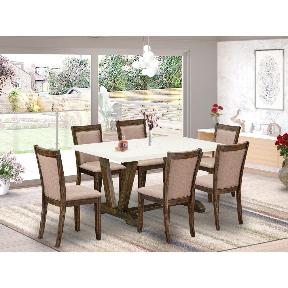 V726MZ716-7 7 Piece Modern Dining Set - A Dining Table with Trestle Base and 6 Chairs For Dining Room - Distressed Jacobean Finish