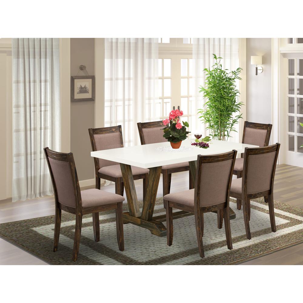 V726MZ748-7 - 7-Pc Modern Dining Table Set - 6 Parson Chairs and 1 Kitchen Dining Table (Distressed Jacobean Finish)