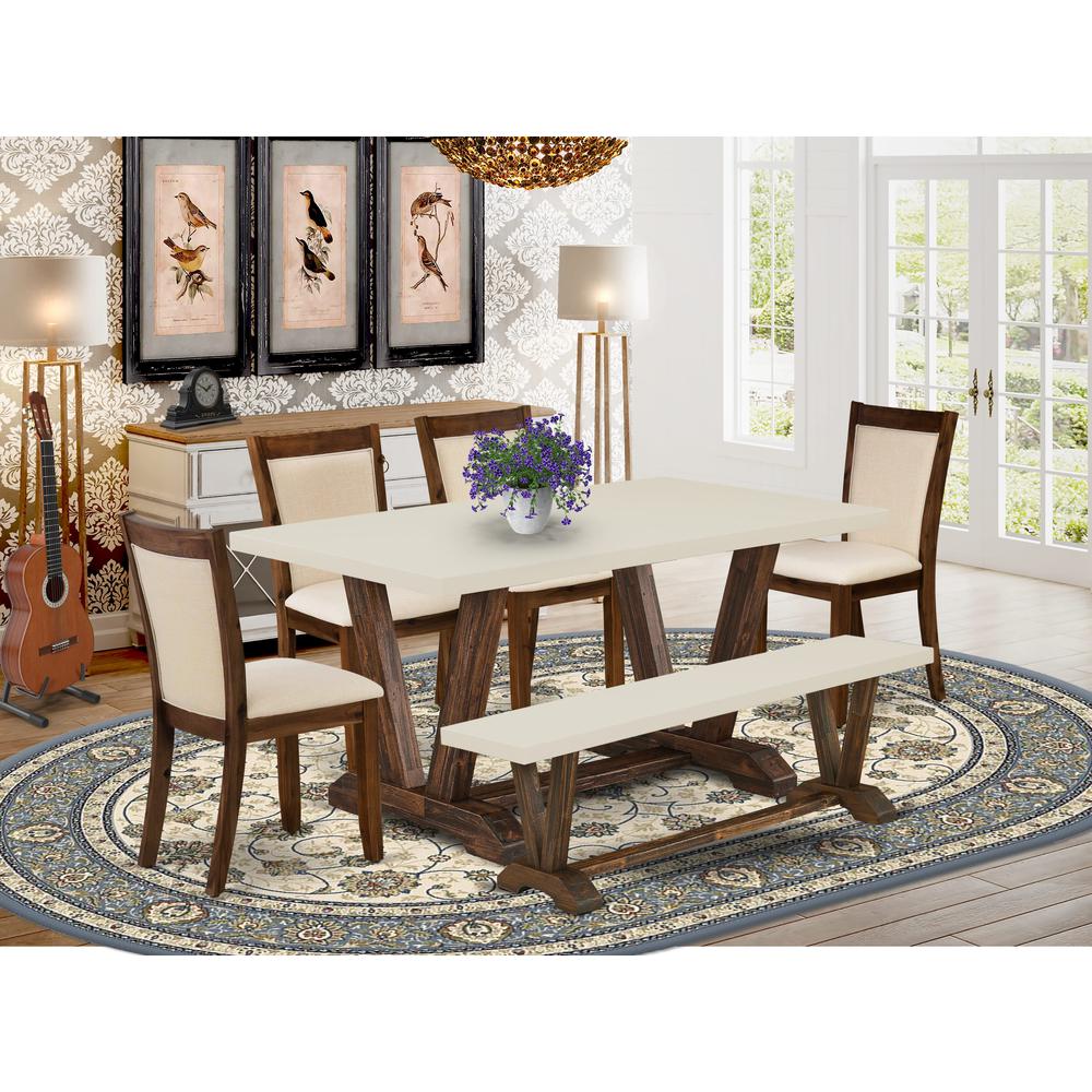 East West Furniture 6-Pc Dining Set - 1 Kitchen Table, A Dining Bench with Linen White Top and 4 Light Beige Linen Fabric Dining Chairs with Stylish Back - Distressed Jacobean Finish