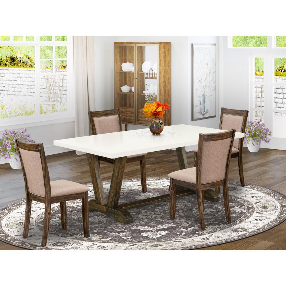 V727MZ716-5 5 Piece Dining Table Set - A Modern Kitchen Table with Trestle Base and 4 Kitchen Chairs - Distressed Jacobean Finish