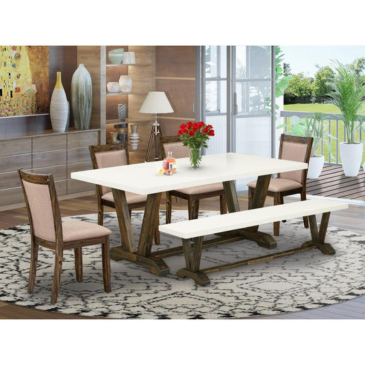 V727MZ716-6 6 Pc Table Set- A Kitchen Table in Trestle Base with Wood Bench and 4 parson chairs - Distressed Jacobean Finish