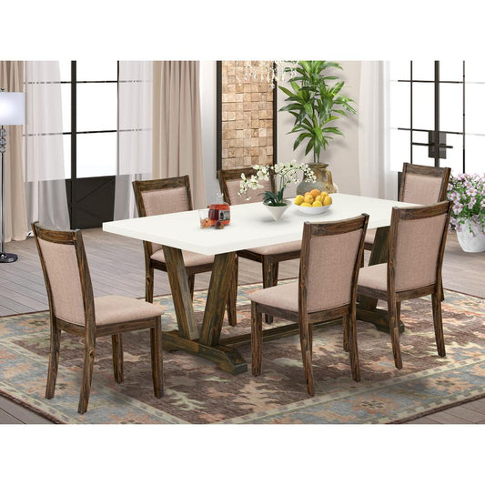 V727MZ716-7 7 Piece Dinning Table Set - A Wooden Dining Table with Trestle Base and 6 Dining Chairs - Distressed Jacobean Finish