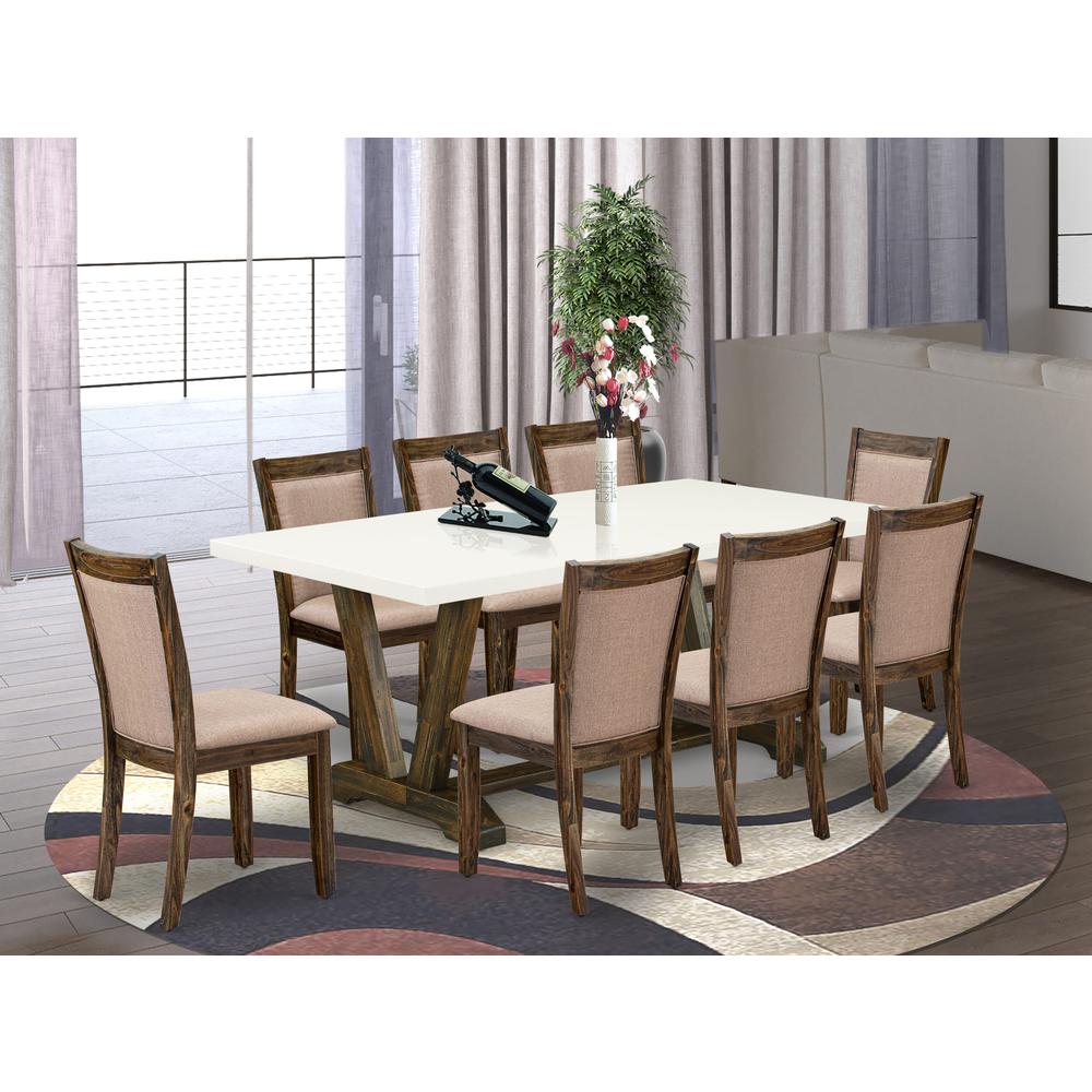 V727MZ716-9 9 Piece Kitchen Table Set - A Modern Kitchen Table with Trestle Base and 8 Dining Chairs - Distressed Jacobean Finish