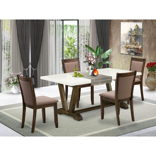 V727MZ748-5 5 Piece Dining Table Set - A Dinner Table with Trestle Base and 4 Coffee Parson Chairs - Distressed Jacobean Finish