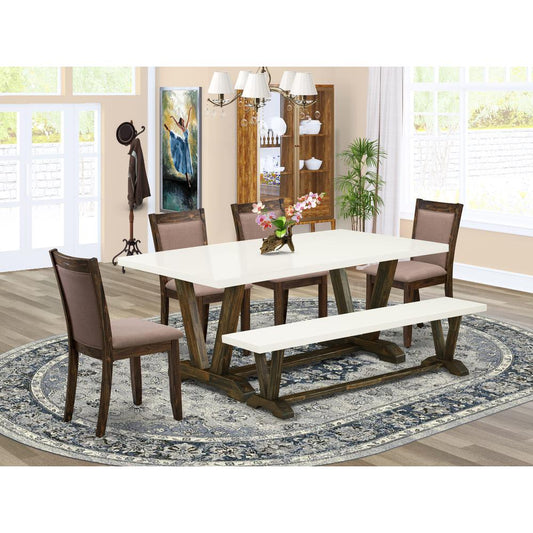 V727MZ748-6 6 Piece Dining Set- A Dining Table in Trestle Base with Bench and 4 Coffee Dinner Chairs - Distressed Jacobean Finish