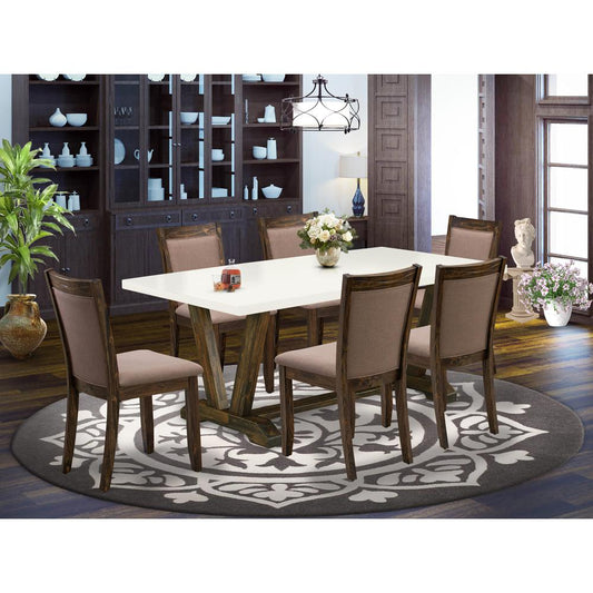 V727MZ748-7 7 Pc Modern Dining Set - A Kitchen Table with Trestle Base and 6 Coffee Dinning Chairs - Distressed Jacobean Finish