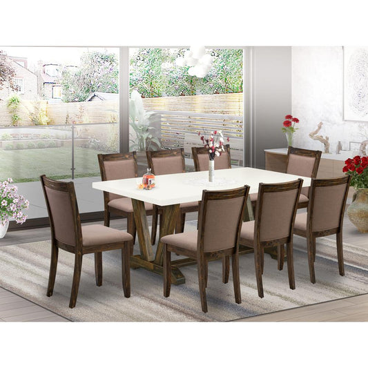 V727MZ748-9 9 Piece Dinette Set - A Wooden Table with Trestle Base and 8 Coffee Modern Dining Chairs - Distressed Jacobean Finish