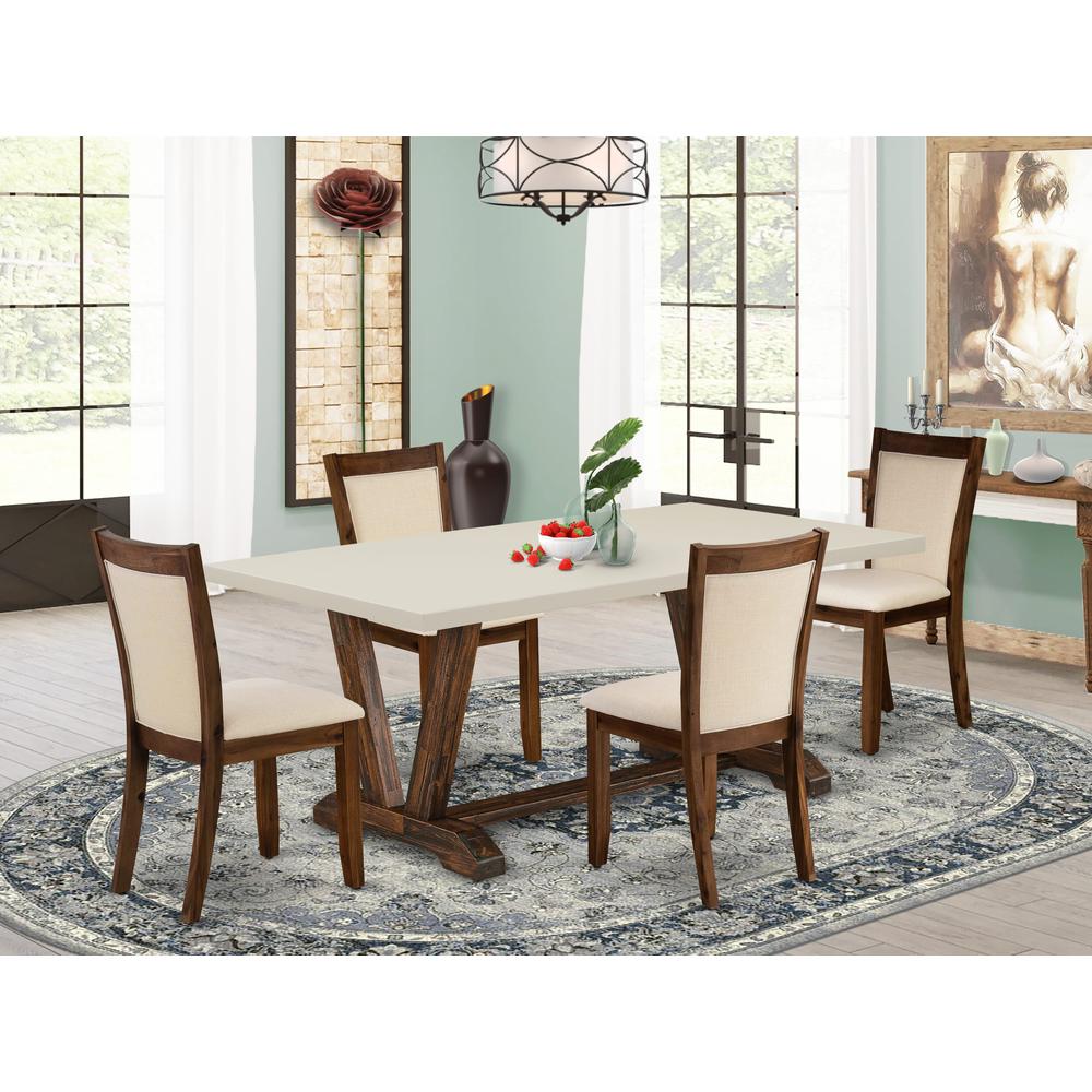 East West Furniture 5-Pieces Dining Room Table Set - A Dining Room Table with Linen White Top and 4 Light Beige Fabric Dining Room Chairs with Stylish Back (Distressed Jacobean Finish)