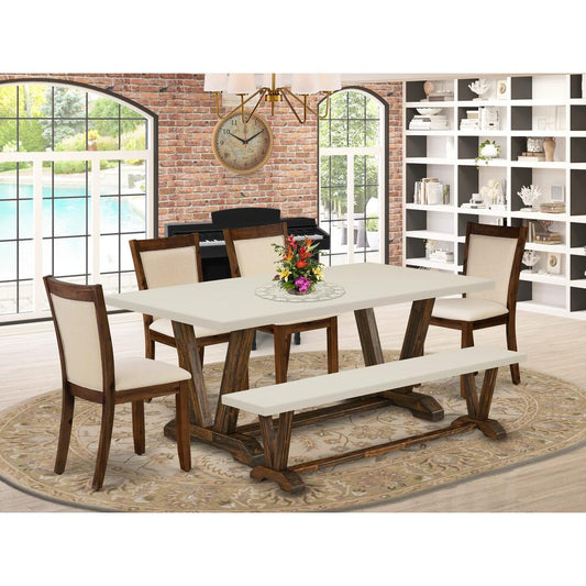 East West Furniture 6-Pc Dining Room Set - 1 Dining Table, Modern Dining Bench with Linen White Top and 4 Light Beige Fabric Kitchen Chairs with Stylish Back (Distressed Jacobean Finish)