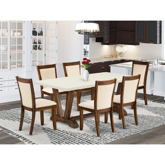 East West Furniture 7-Pieces Dining Room Set - A Dinning Table with Linen white Top and 6 Light Beige Fabric Dining Chairs with Stylish Back (Distressed Jacobean Finish)