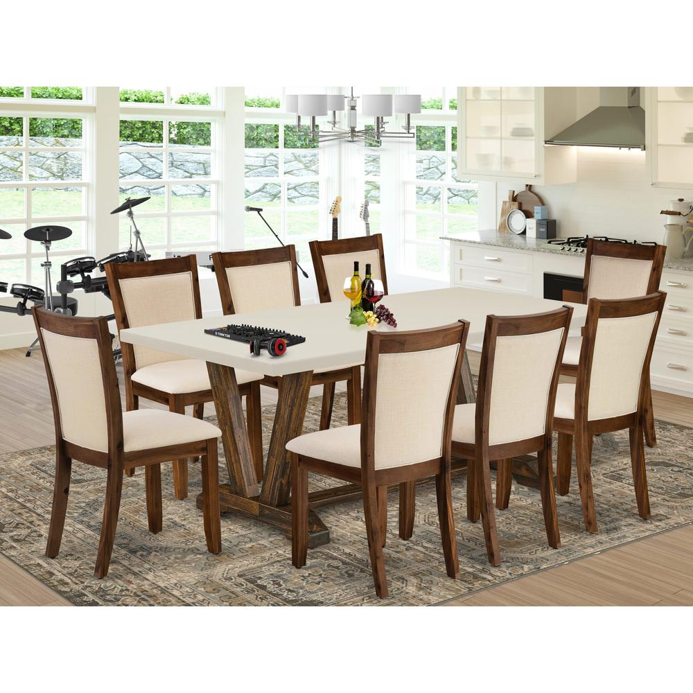 East West Furniture 9-Pc Kitchen Table Set - A Dining Room Table with Linen White Top and 8 Light Beige Fabric Modern Chairs with Stylish Back (Distressed Jacobean Finish)