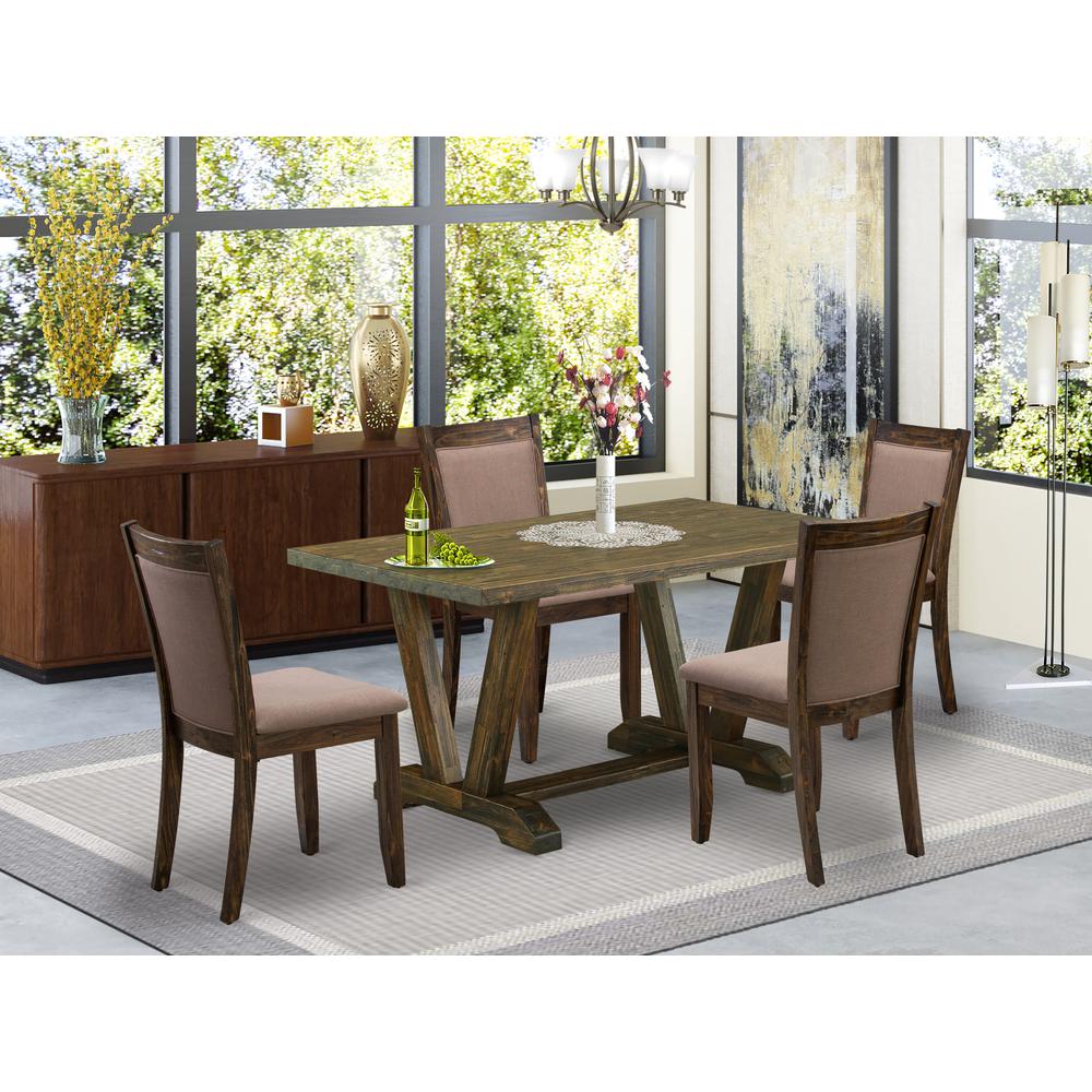 V776MZ716-5 5 Piece Dining Table Set - A Modern Dining Table with Trestle Base and 4 Parson Chairs - Distressed Jacobean Finish