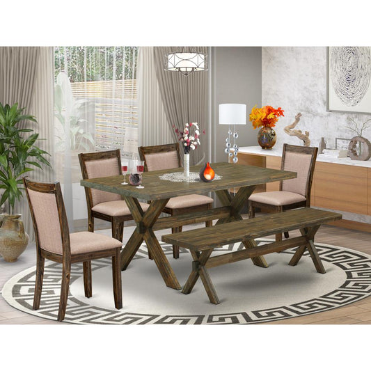 V776MZ716-6 6 Piece Dining Table Set- A Dining Table in Trestle Base with Bench and 4 Parsons Chairs - Distressed Jacobean Finish