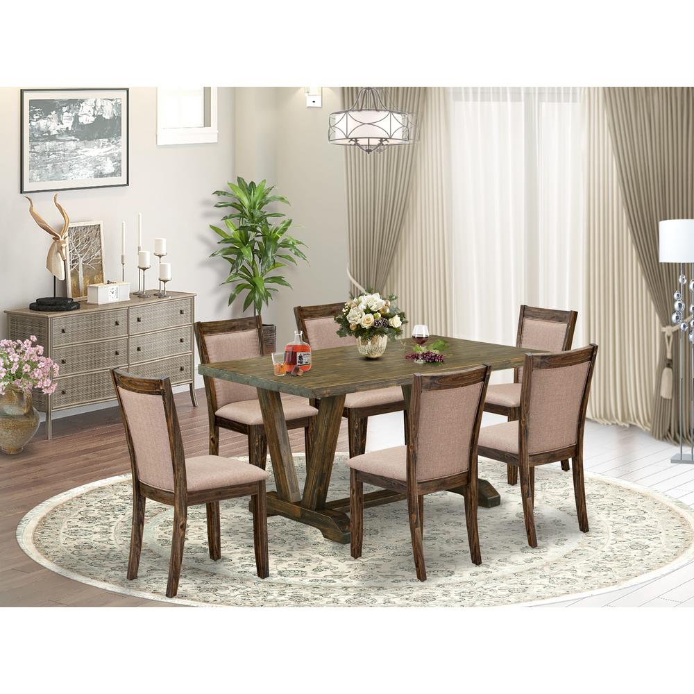 V776MZ716-7 7 Pc Modern Dining Set - A Kitchen Table with Trestle Base and 6 Chairs For Dining Room - Distressed Jacobean Finish