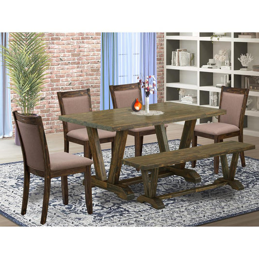 V776MZ748-6 - 6-Pc Dining Set - 4 Dining Chairs, a Dining Bench and 1 Modern Dining Table (Distressed Jacobean Finish)