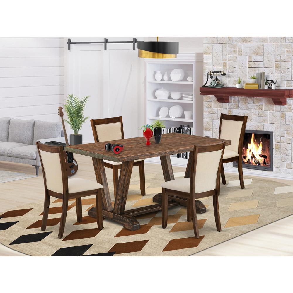 East West Furniture 5-Pieces Dinette Set - 1 Dining Room Table with Trestle Base and 4 Light Beige Fabric Kitchen Chairs with Stylish Back (Distressed Jacobean Finish)