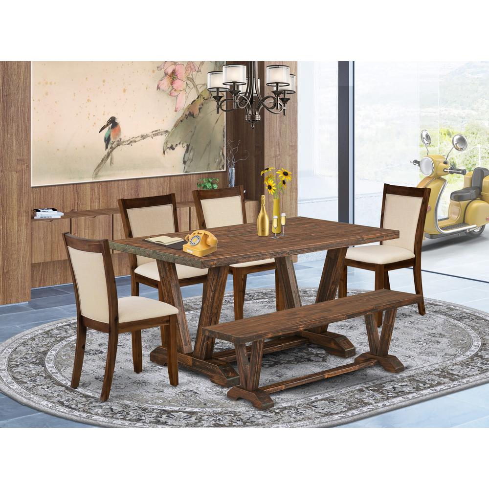 East West Furniture 6-Pc Small Dining Set - 1 Beautiful Modern Dining Table, A Dining Bench and 4 Light Beige Fabric Wood Dining Chairs with Stylish Back (Distressed Jacobean Finish)