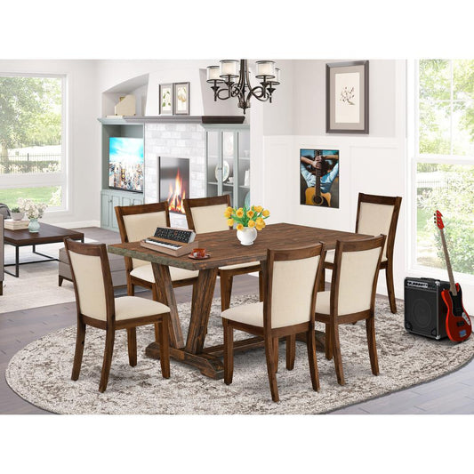 East West Furniture 7-Pieces Kitchen Table Set - 6 Light Beige Fabric Upholstered Dining Chairs with Stylish Back and 1 Kitchen Table with Trestle Base (Distressed Jacobean Finish)