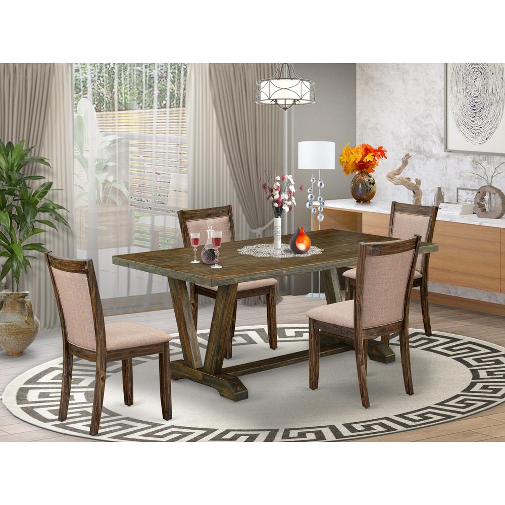 East West Furniture 5 Piece Dining Table Set - A Distressed Jacobean Top Dining Table with Trestle Base and 4 Dark Khaki Linen Fabric Dining Chairs - Distressed Jacobean Finish