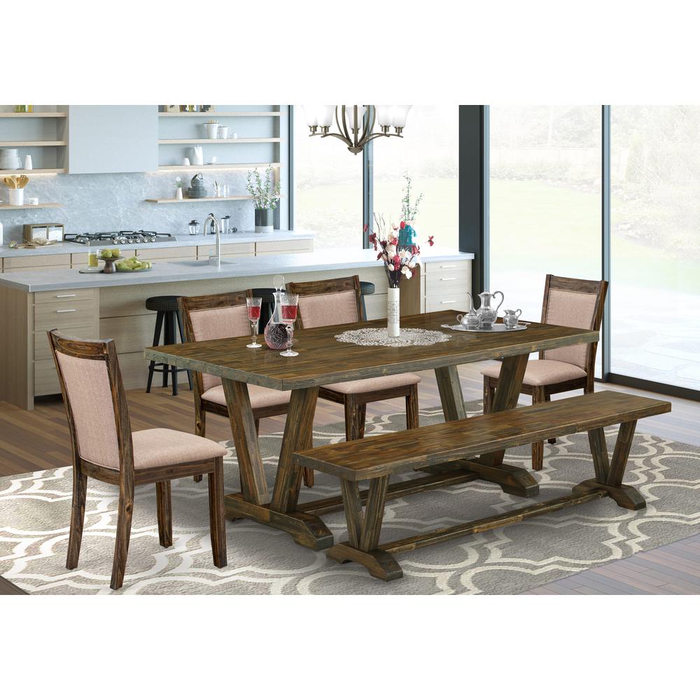 East West Furniture 6 Piece Dining Table Set- A Distressed Jacobean Top Kitchen Table in Trestle Base with Bench and 4 Dark Khaki Linen Fabric Dining Chairs - Distressed Jacobean Finish