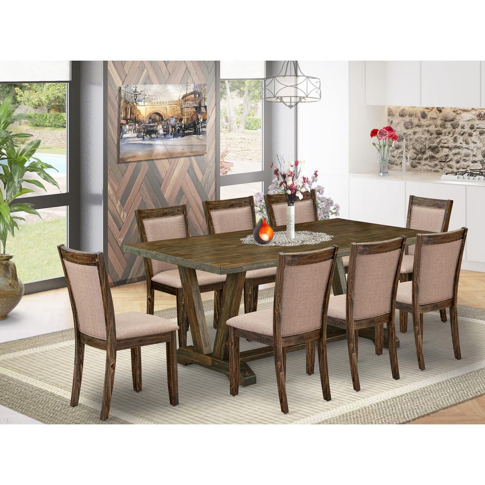 East West Furniture 9 Piece Dinette Set - A Distressed Jacobean Top Dining Table with Trestle Base and 8 Dark Khaki Linen Fabric Upholstered Dining Chairs - Distressed Jacobean Finish