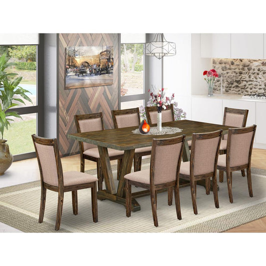 East West Furniture 9 Piece Dinette Set - A Distressed Jacobean Top Dining Table with Trestle Base and 8 Dark Khaki Linen Fabric Upholstered Dining Chairs - Distressed Jacobean Finish