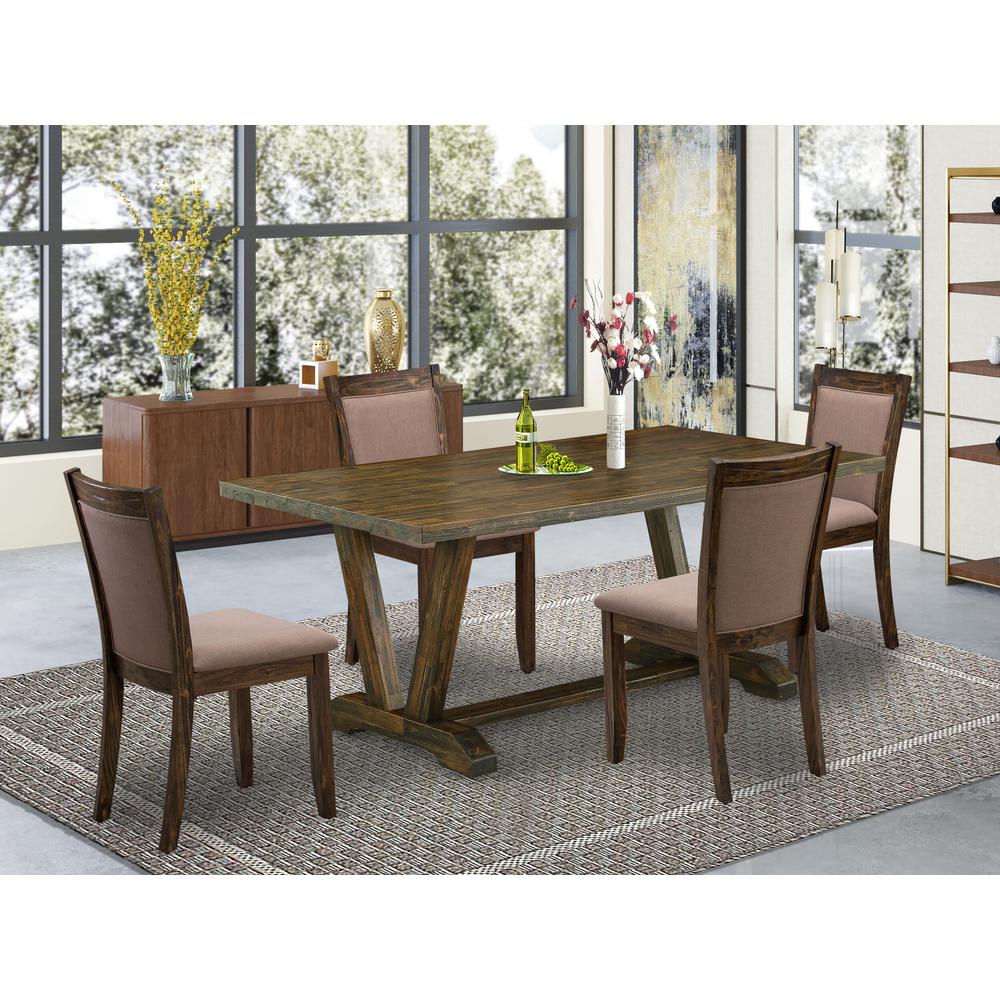 East West Furniture 5 Piece Kitchen Table Set - A Distressed Jacobean Top Rustic Kitchen Table with Trestle Base and 4 Coffee Linen Fabric Parsons Chairs - Distressed Jacobean Finish