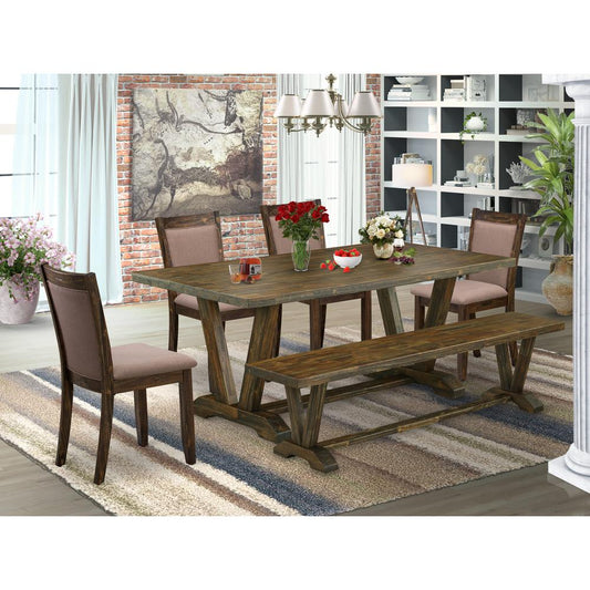 East West Furniture 6 Piece Modern Dining Table Set- A Distressed Jacobean Top Table in Trestle Base with Wood Bench and 4 Coffee Linen Fabric Dining Chairs - Distressed Jacobean Finish