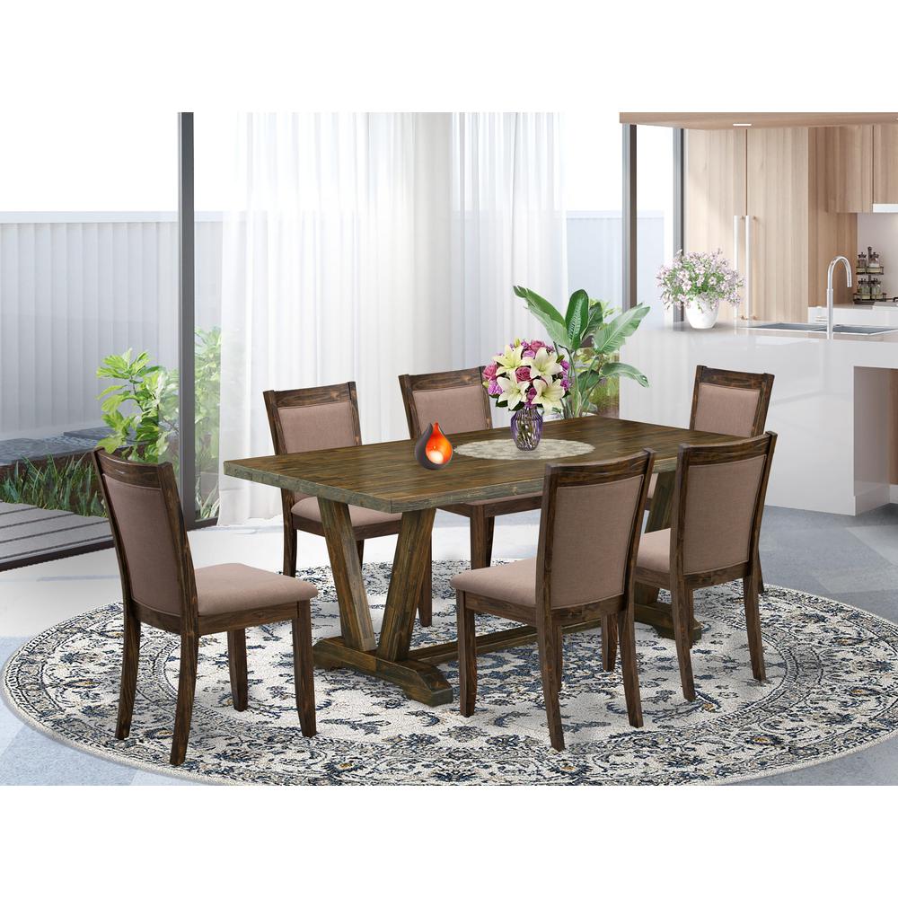 East West Furniture 7 Piece Dinner Table Set - A Distressed Jacobean Top Dinner Table with Trestle Base and 6 Coffee Linen Fabric Wood Dining Chairs - Distressed Jacobean Finish