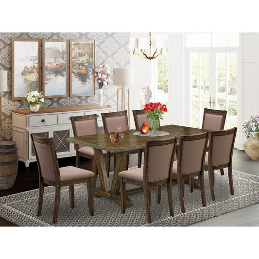 East West Furniture 9 Piece Kitchen Dining Table Set - A Distressed Jacobean Top Dining Table with Trestle Base and 8 Coffee Linen Fabric Dining Room Chairs - Distressed Jacobean Finish