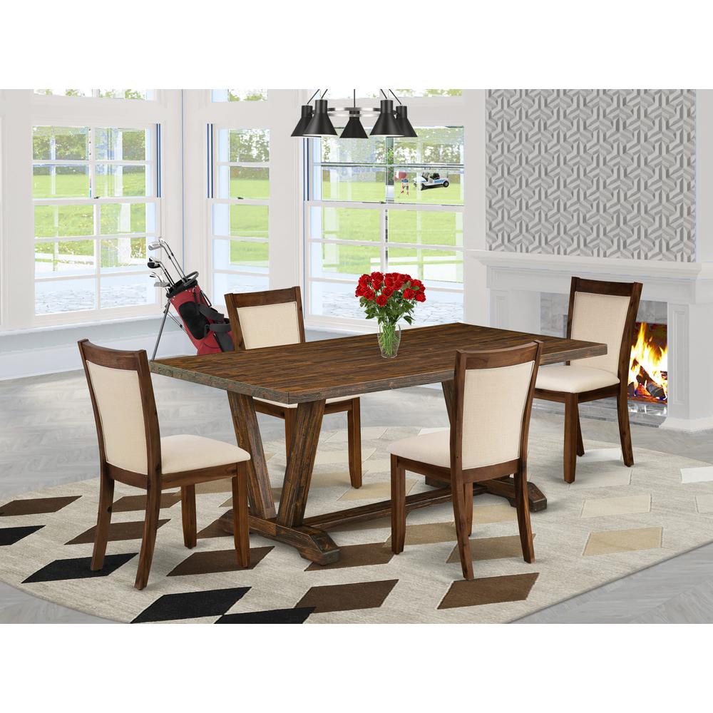 East West Furniture 5-Pc Dining Room Set Includes a Dining Table and 4 Light Beige Linen Fabric Mid Century Dining Chairs with Stylish Back - Distressed Jacobean Finish