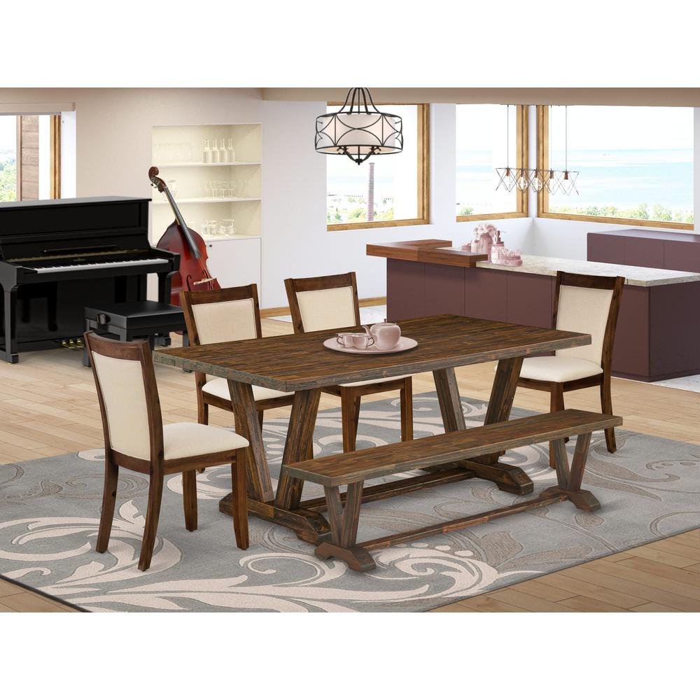 East West Furniture 6-Piece Modern Dining Set Consists of a Rectangular Table and a Small Bench with 4 Light Beige Linen Fabric Dining Chairs with Stylish Back - Distressed Jacobean Finish