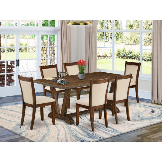 East West Furniture 7-Pc Dining Table Set Contains a Rectangular Dining Table and 6 Light Beige Linen Fabric Parsons Chairs with Stylish Back - Distressed Jacobean Finish