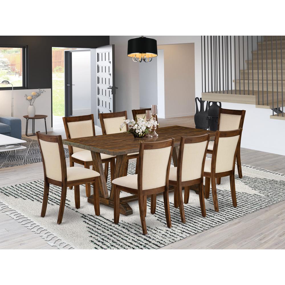 East West Furniture 9-Piece Dining Room Set Includes a Dinner Table and 8 Light Beige Linen Fabric Upholstered Chairs with Stylish Back - Distressed Jacobean Finish