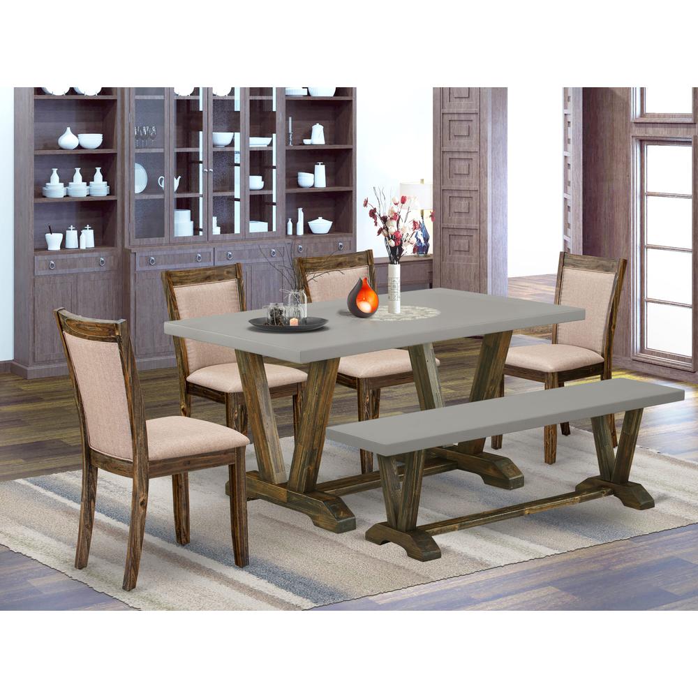 East West Furniture 6 Piece Dining Set- A Cement Top Mid Century Dining Table in Trestle Base with Dining Bench and 4 Dark Khaki Linen Fabric Kitchen Chairs - Distressed Jacobean Finish