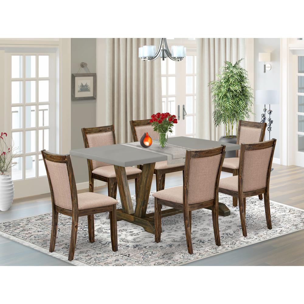 East West Furniture 7 Piece Modern Dinette Set - A Cement Top Wooden Dining Table with Trestle Base and 6 Dark Khaki Linen Fabric Kitchen Chairs - Distressed Jacobean Finish