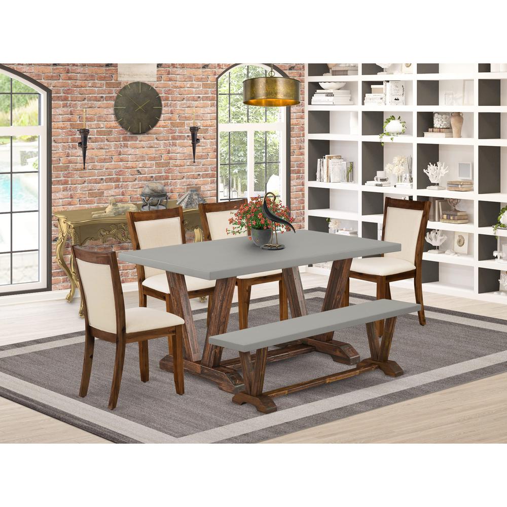 East West Furniture 6-Piece Dining Room Set Contains a Dinning Table and a Wooden Bench with 4 Light Beige Linen Fabric Parson Dining Chairs with Stylish Back - Distressed Jacobean Finish