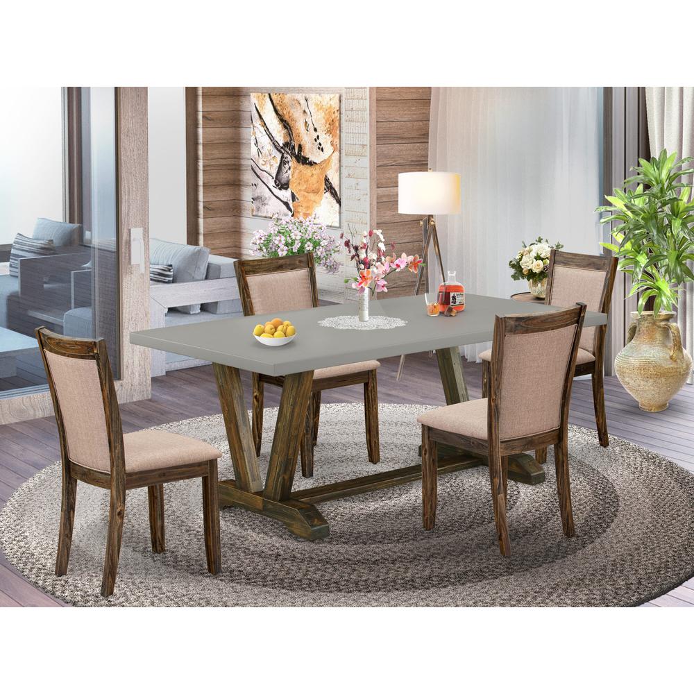 East West Furniture 5 Piece Modern Dining Set - A Cement Top Wooden Table with Trestle Base and 4 Dark Khaki Linen Fabric Chairs For Dining Room - Distressed Jacobean Finish