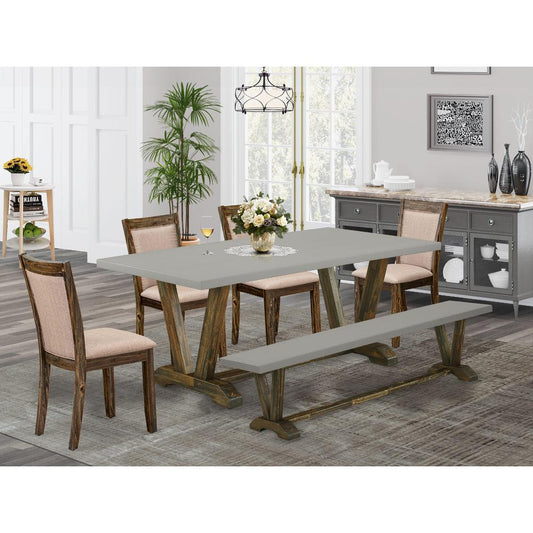 East West Furniture 6 Piece Dinning Set- A Cement Top Kitchen Table in Trestle Base with Wooden Bench and 4 Dark Khaki Linen Fabrics Dining Room Chairs- Distressed Jacobean Finish