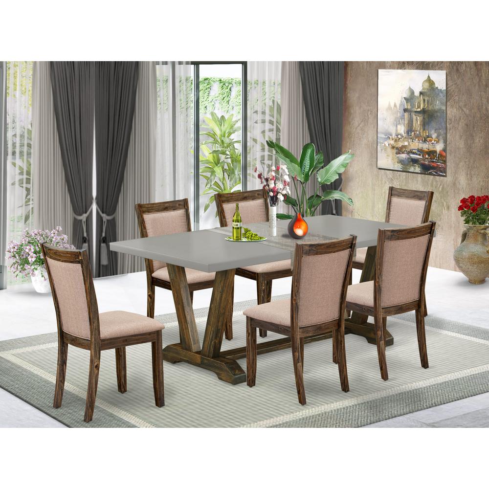 East West Furniture 7 Piece Contemporary Dinette Set - A Cement Top Dinner Table with Trestle Base and 6 Dark Khaki Linen Fabric Parson Chairs - Distressed Jacobean Finish