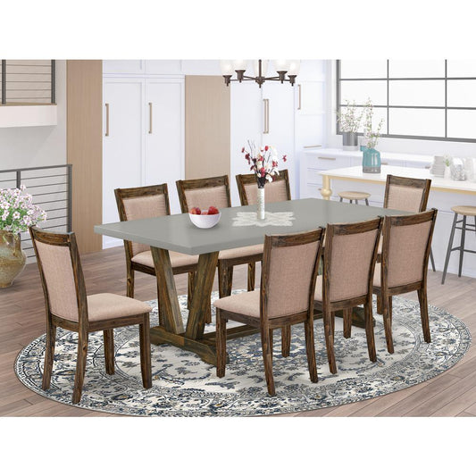 East West Furniture 9 Piece Contemporary Dinning Set - A Cement Top Dining Table with Trestle Base and 8 Dark Khaki Linen Fabric Upholstered Dining Chairs - Distressed Jacobean Finish