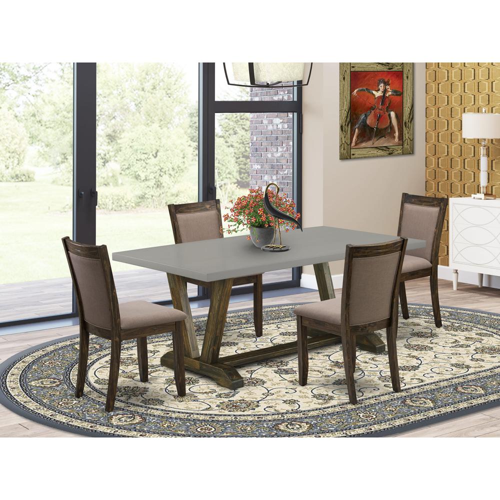 East West Furniture 5 Piece Innovative Dining Room Table Set - A Cement Top Wooden Dining Table with Trestle Base and 4 Coffee Linen Fabric Padded Chairs - Distressed Jacobean Finish