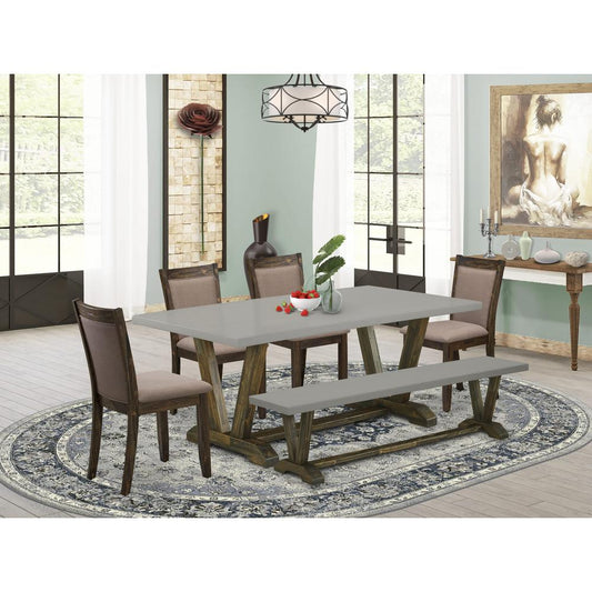 East West Furniture 6 Piece Kitchen Table Set- A Cement Top Wood Table in Trestle Base with Wood Bench and 4 Coffee Linen Fabrics Modern Chairs - Distressed Jacobean Finish