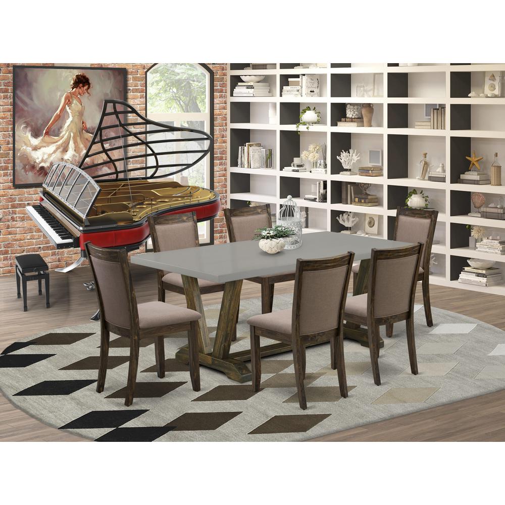 East West Furniture 7 Piece Innovative Kitchen Table Set - A Cement Top Dining Table with Trestle Base and 6 Coffee Linen Fabric Modern Dining Chairs - Distressed Jacobean Finish