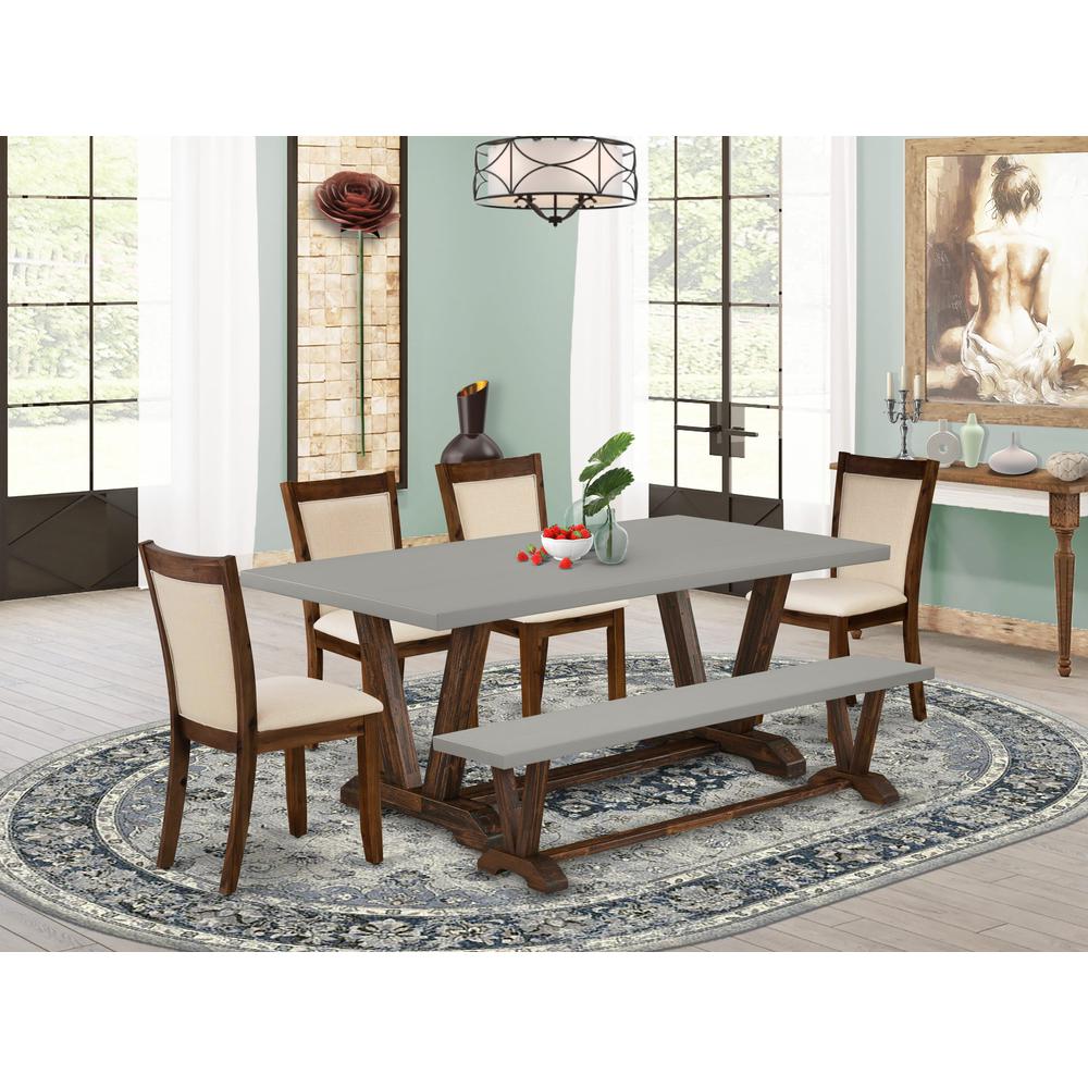 East West Furniture 6-Pc Kitchen Table Set Contains a Wood Table and a Dining Bench with 4 Light beige Linen Fabric Parson Chairs with Stylish Back - Distressed Jacobean Finish